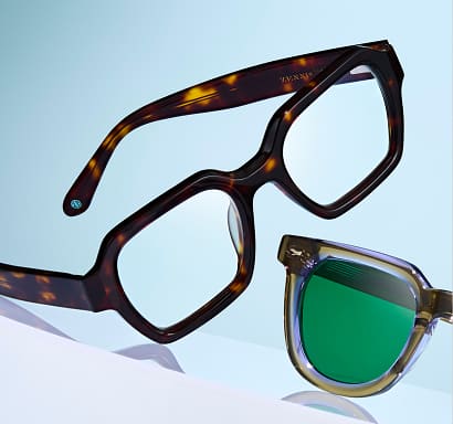 A pair of tortoiseshell Zenni square frames with clear lenses and a pair of Zenni sunglasses with a smoky frame and green lenses.